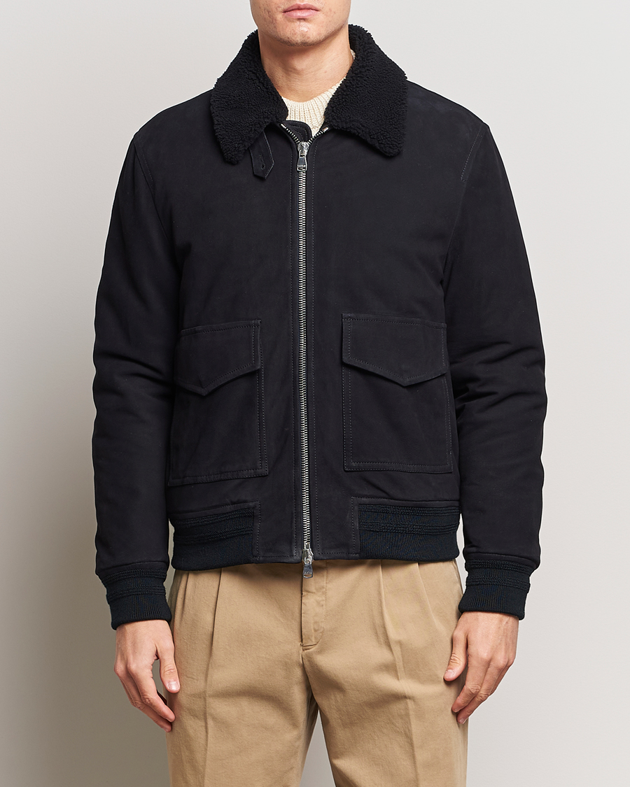 Herre | Jakker | Valstar | Shearling Collar Suede Bomber Navy