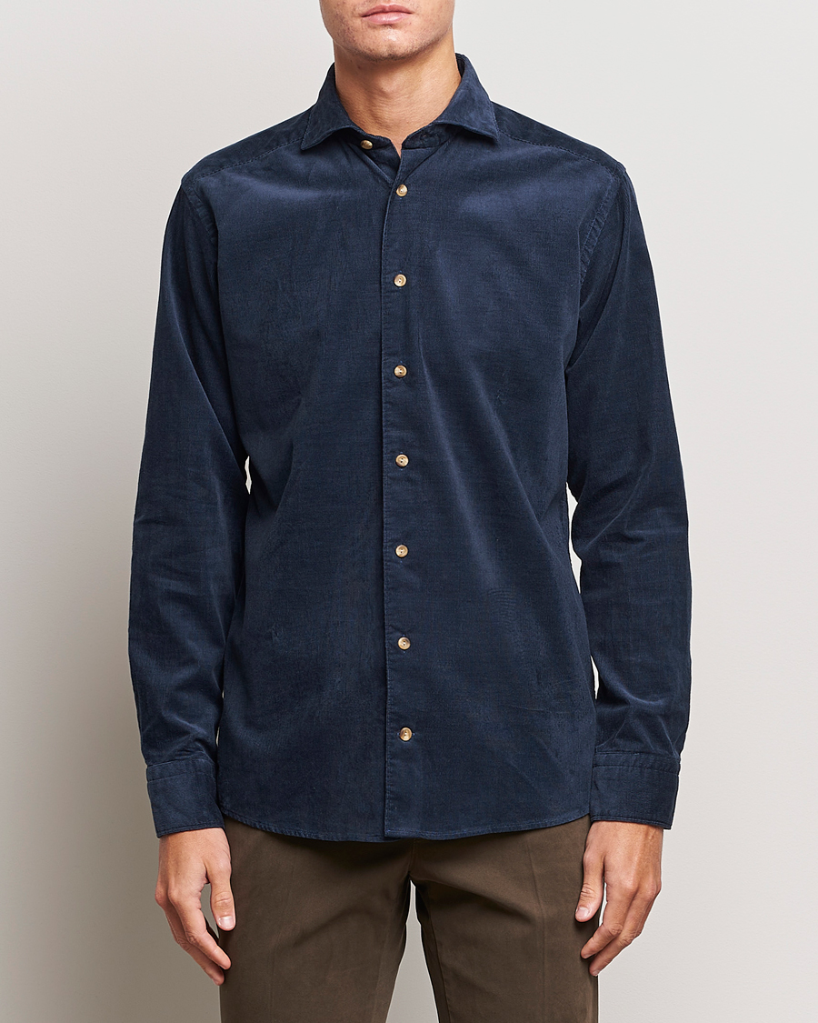 Herre | Cordfløyelskjorter | Eton | Slim Fit Fine Wale Corduroy Shirt Navy Blue