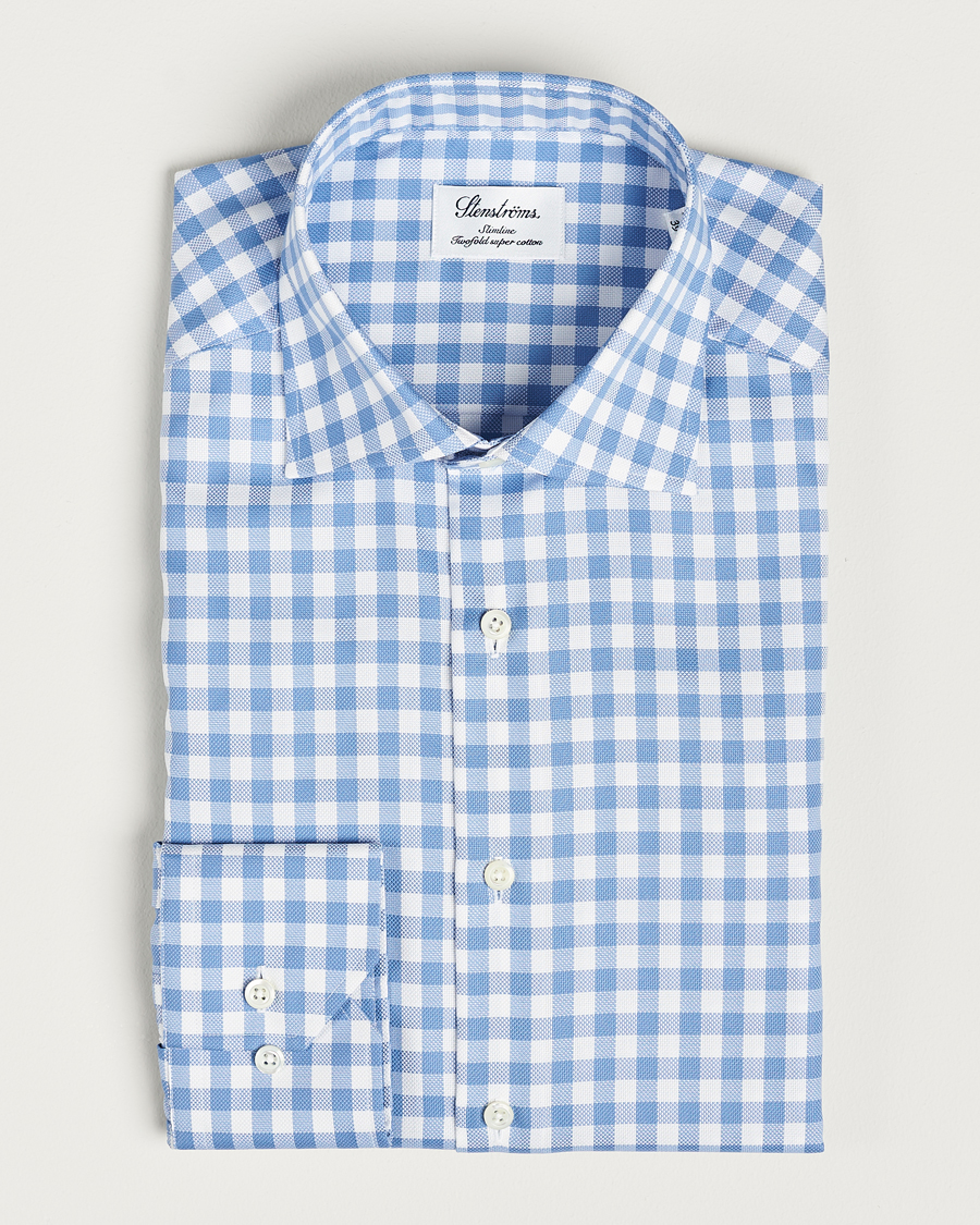 Herre | | Stenströms | Slimline Check Cut Away Shirt Light Blue