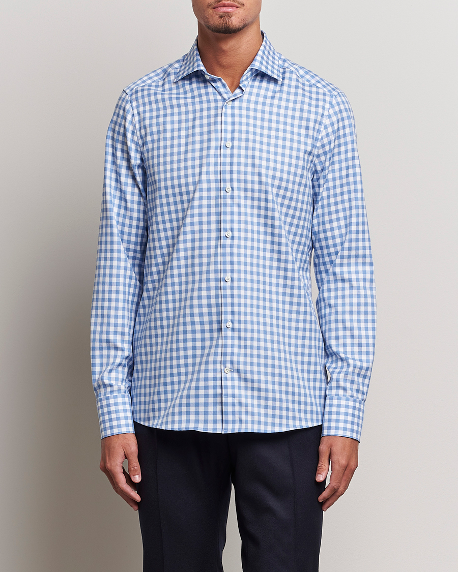 Herre | | Stenströms | Slimline Check Cut Away Shirt Light Blue