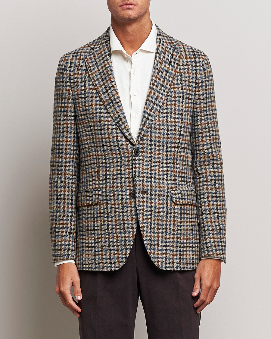 Herre | Dressjakker | Oscar Jacobson | Fogerty Soft Small Checked Wool Blazer Blue/Brown