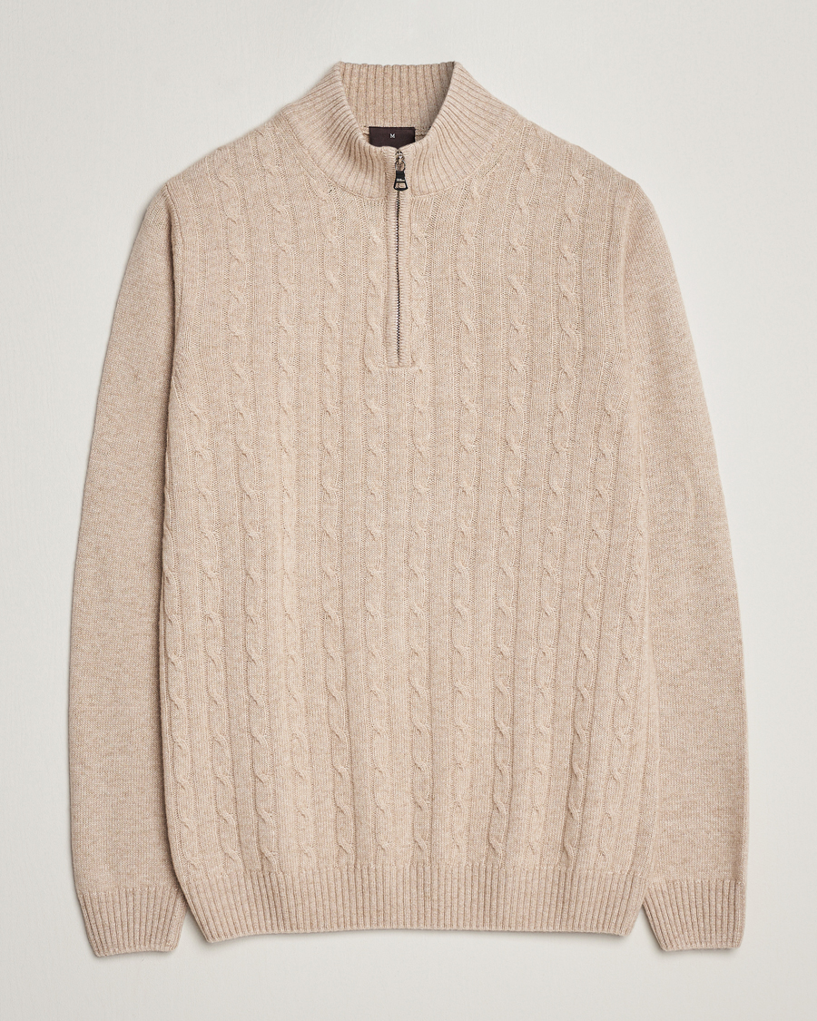 Herre | Gensere | Oscar Jacobson | Percy Wool/Cashmere Knitted Half Zip Beige