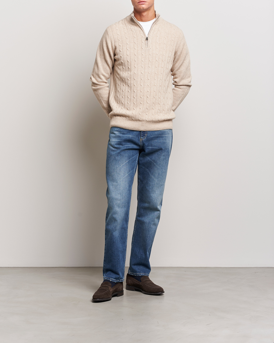 Herre | Gensere | Oscar Jacobson | Percy Wool/Cashmere Knitted Half Zip Beige
