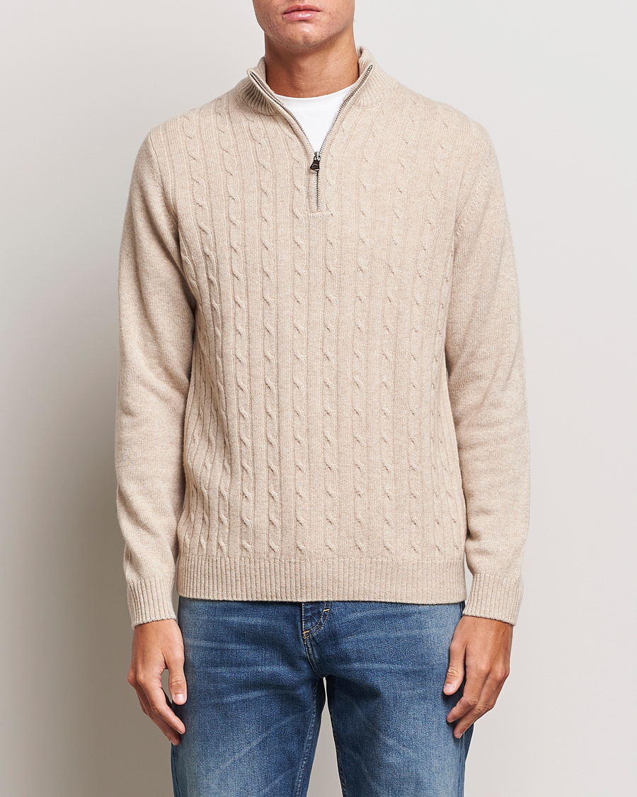 Herre | Gensere | Oscar Jacobson | Percy Wool/Cashmere Knitted Half Zip Beige