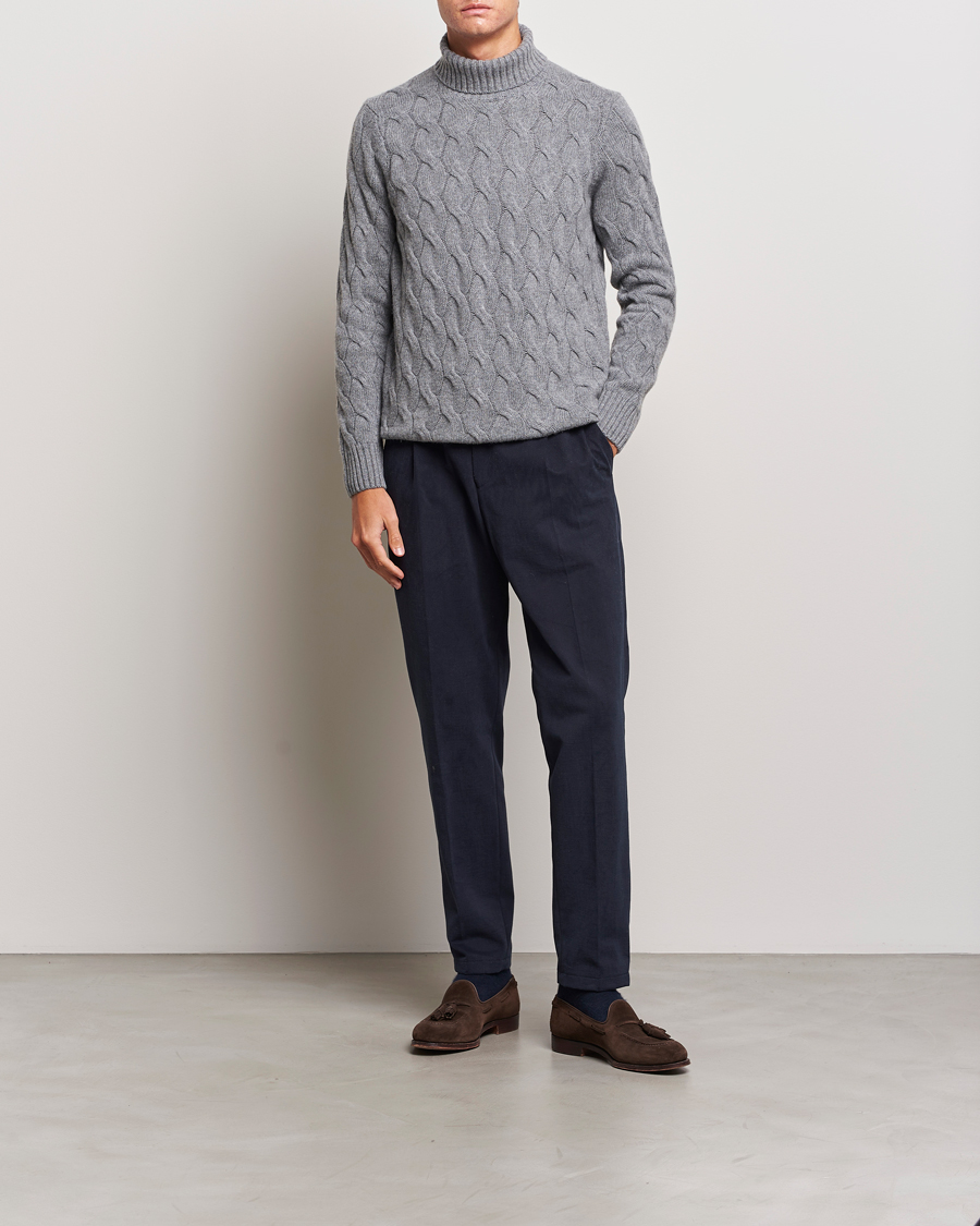 Herre | Gensere | Oscar Jacobson | Seth Heavy Knitted Wool/Cashmere Cable Rollneck Grey