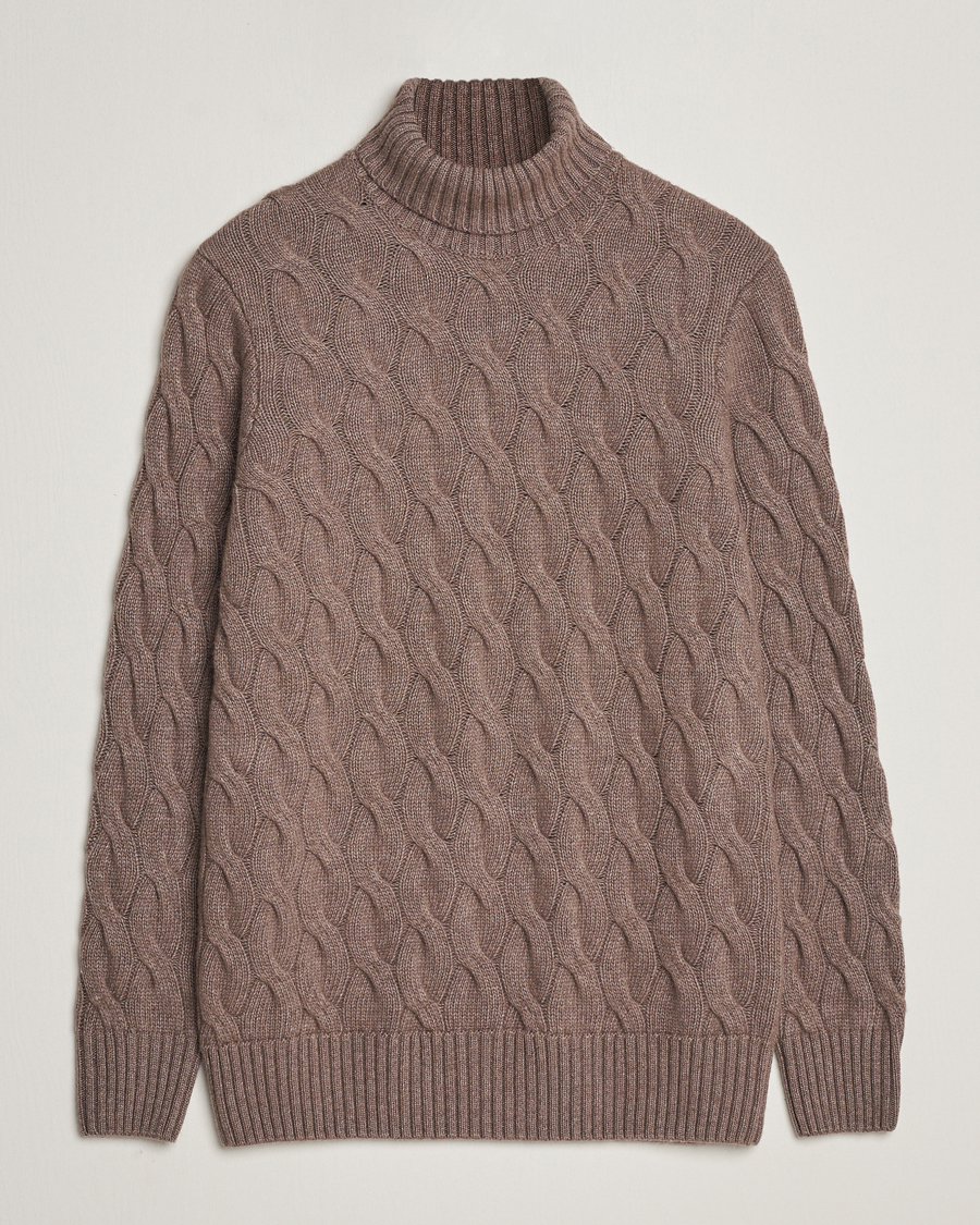 Herre | Gensere | Oscar Jacobson | Seth Heavy Knitted Wool/Cashmere Cable Rollneck Brown