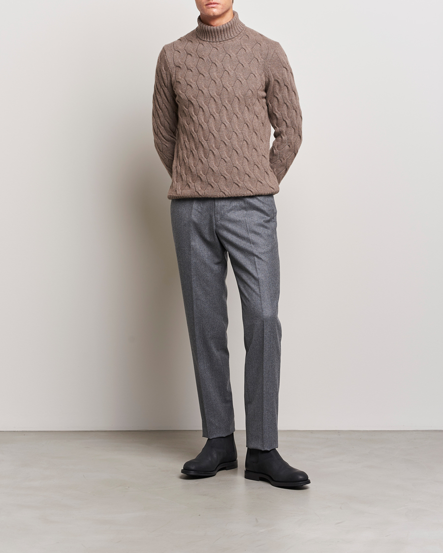 Herre | Gensere | Oscar Jacobson | Seth Heavy Knitted Wool/Cashmere Cable Rollneck Brown