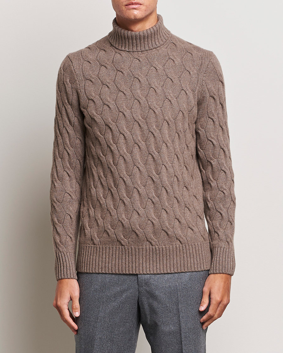 Herre | Gensere | Oscar Jacobson | Seth Heavy Knitted Wool/Cashmere Cable Rollneck Brown