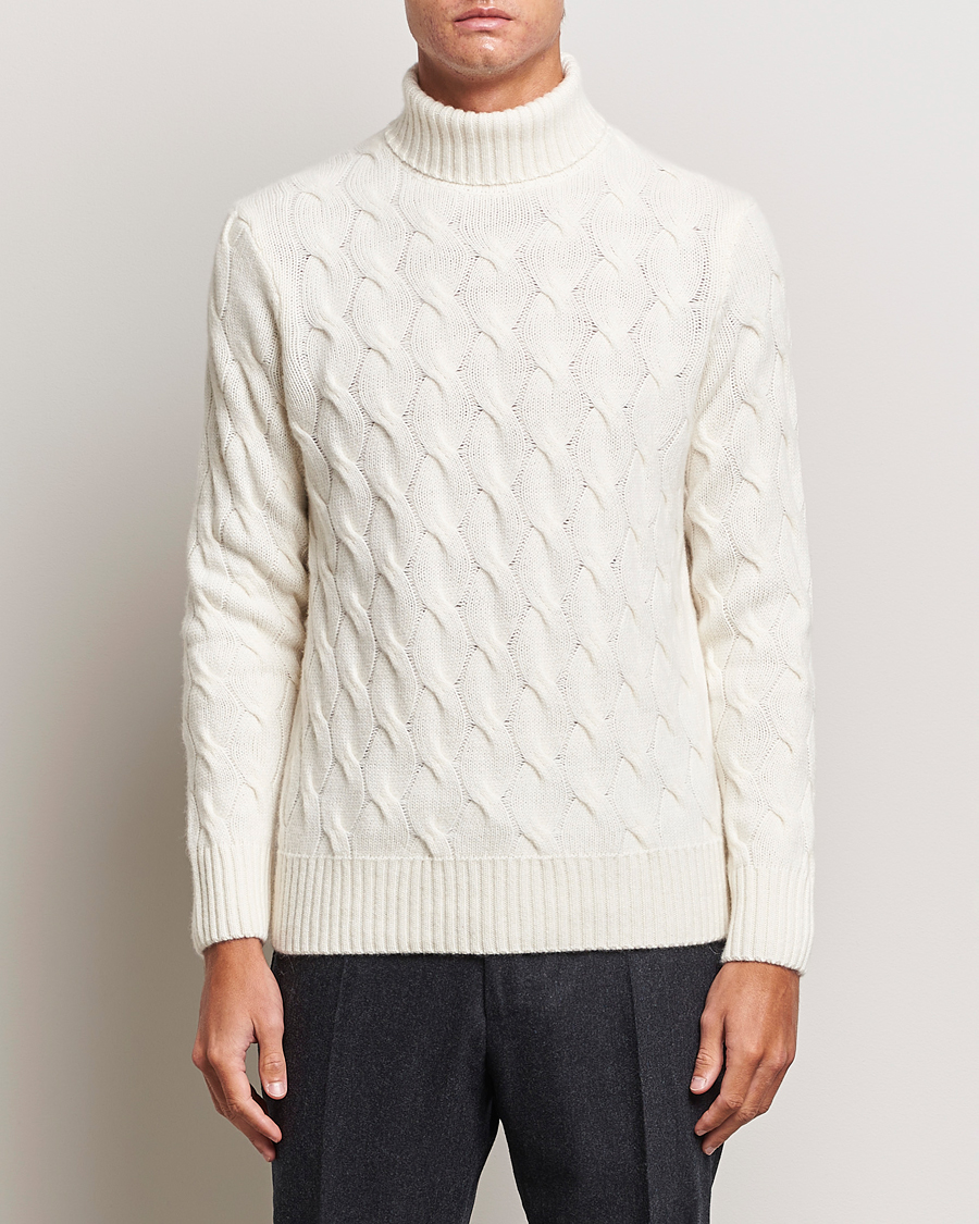 Herre | Pologensere | Oscar Jacobson | Seth Heavy Knitted Wool/Cashmere Cable Rollneck White