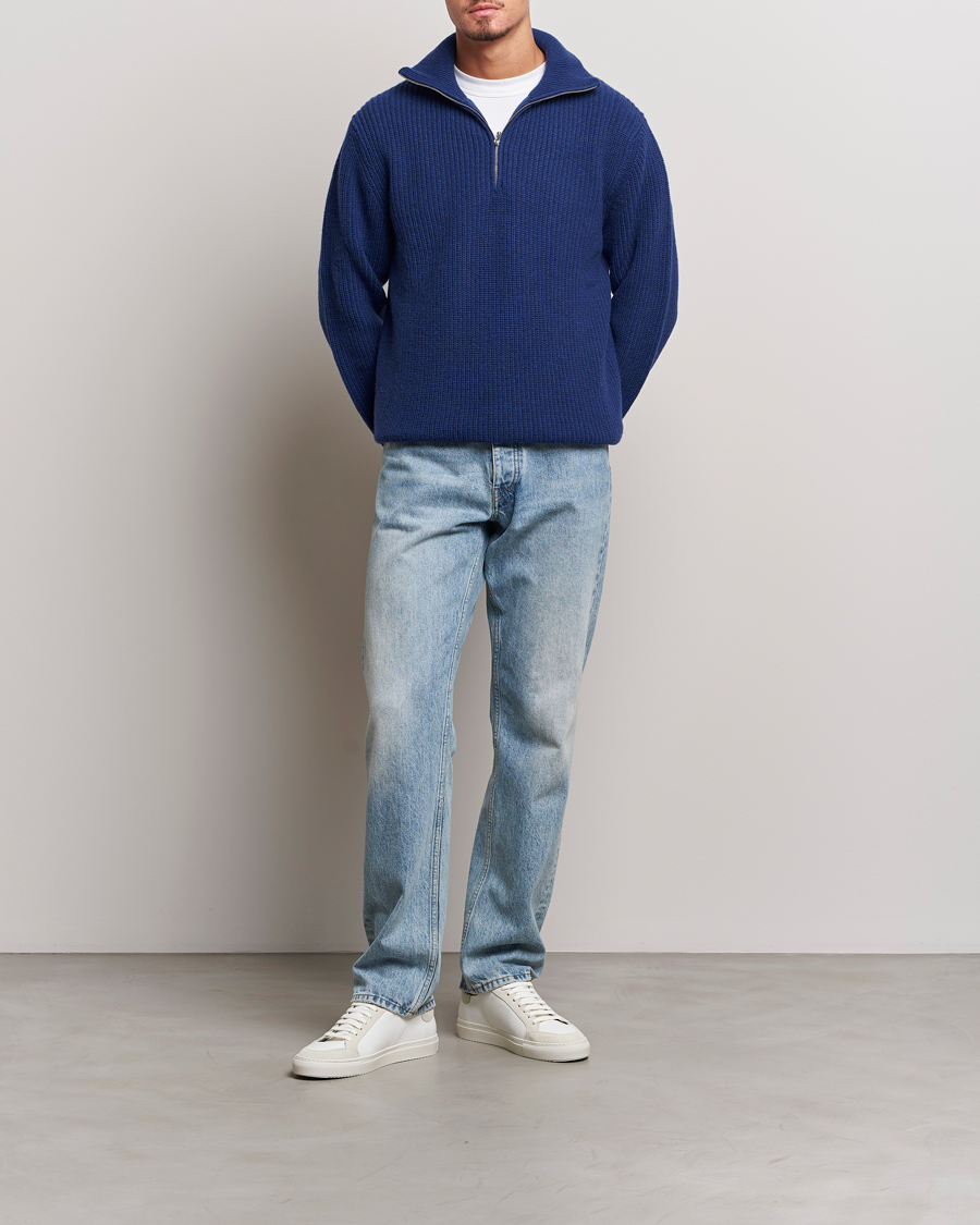 Herre | Gensere | Nudie Jeans | August Wool Rib Knitted Half Zip Royal Blue