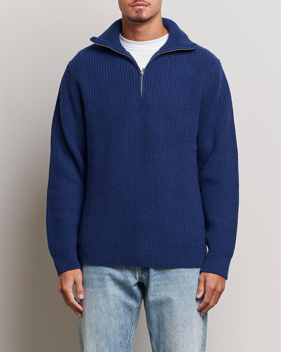 Herre | Gensere | Nudie Jeans | August Wool Rib Knitted Half Zip Royal Blue