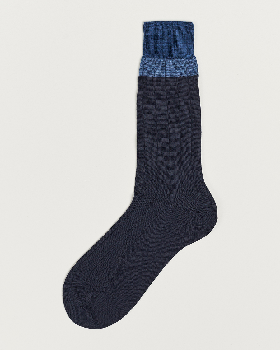 Herre | Undertøy | Bresciani | Wide Ribbed Block Stripe Wool Socks Navy