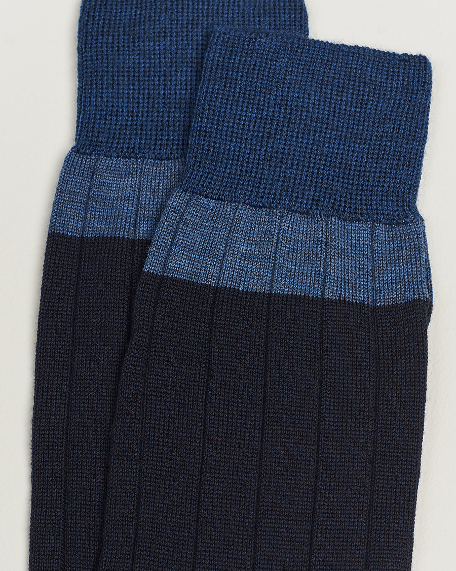 Herre | Undertøy | Bresciani | Wide Ribbed Block Stripe Wool Socks Navy