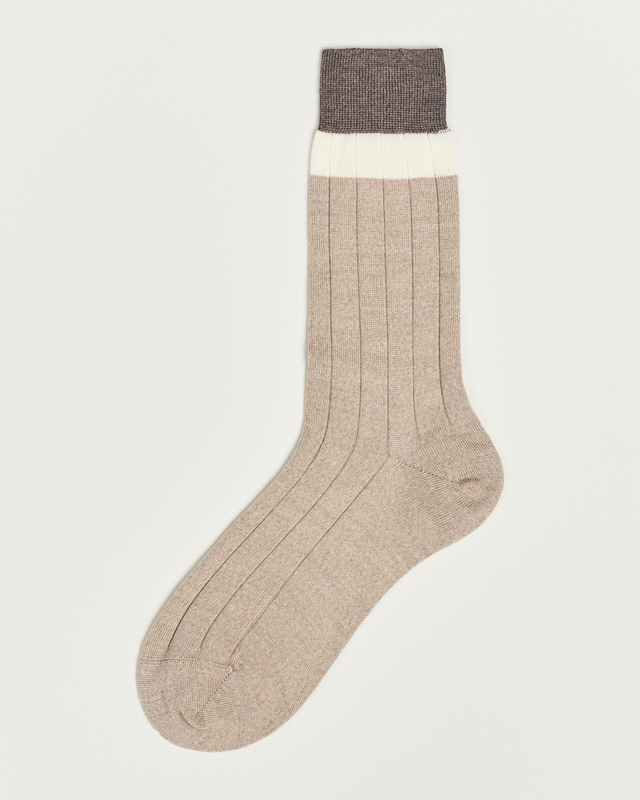 Herre |  | Bresciani | Wide Ribbed Block Stripe Wool Socks Biege