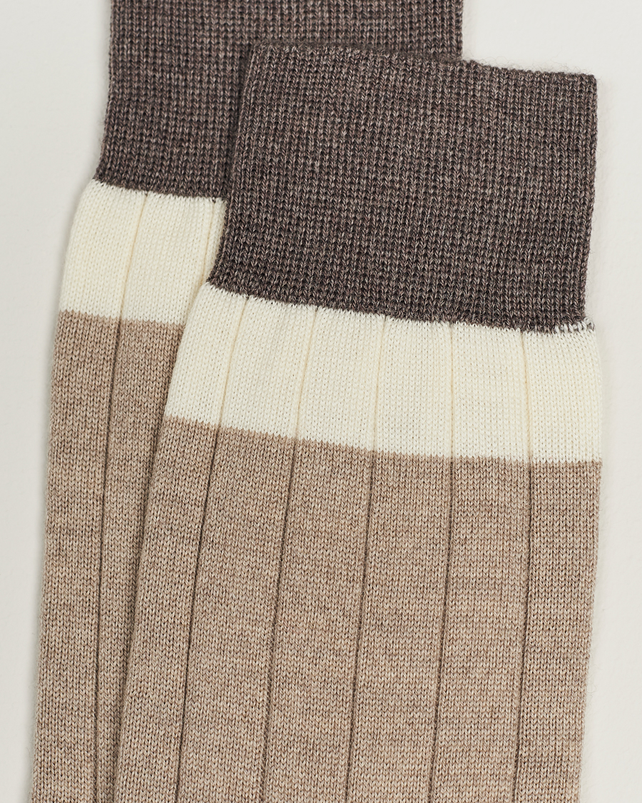Herre |  | Bresciani | Wide Ribbed Block Stripe Wool Socks Biege