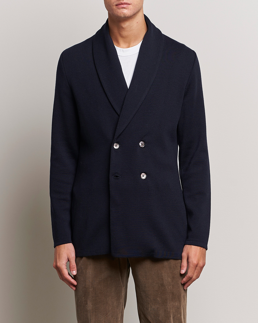Herre | Strikkede blazere | Stenströms | Merino Knitted Tuxedo Cardigan Navy