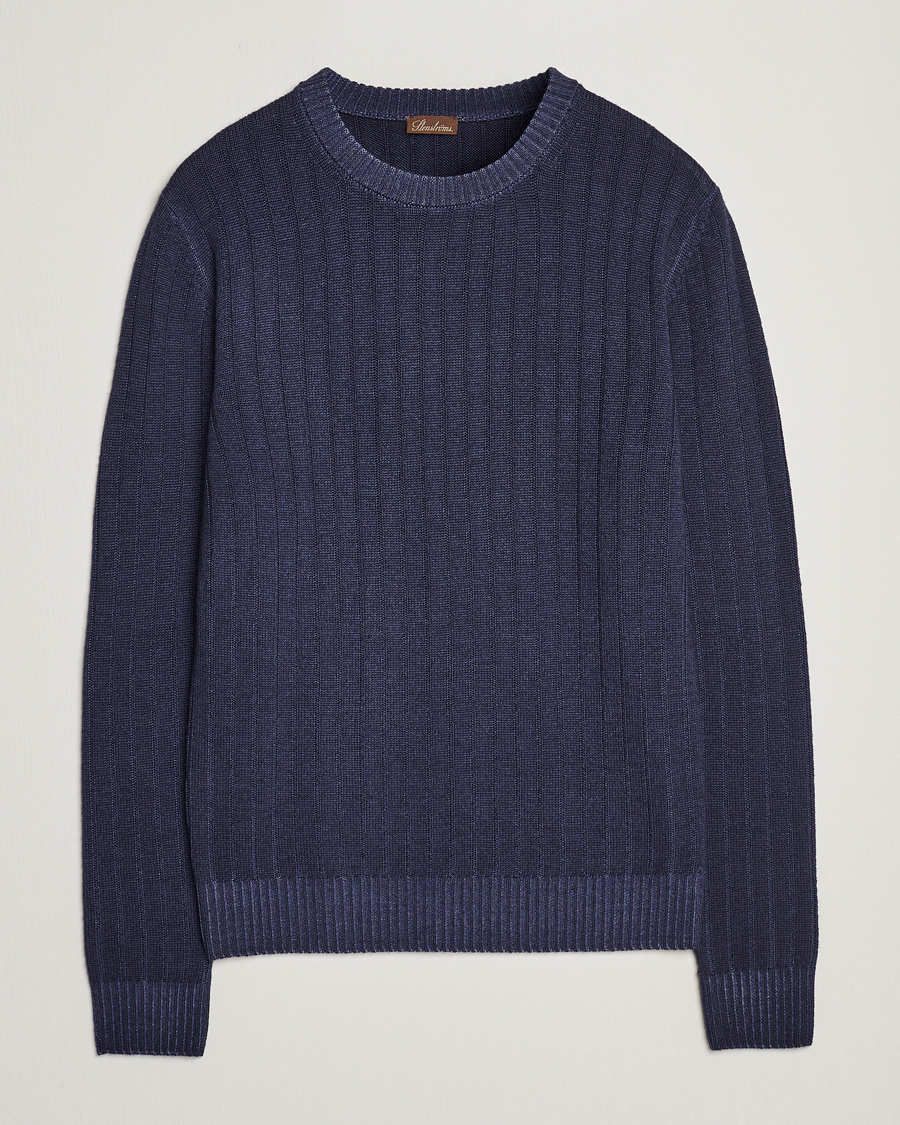 Herre | Gensere | Stenströms | Garment Dyed Ribbed Merino Wool Crewneck Blue
