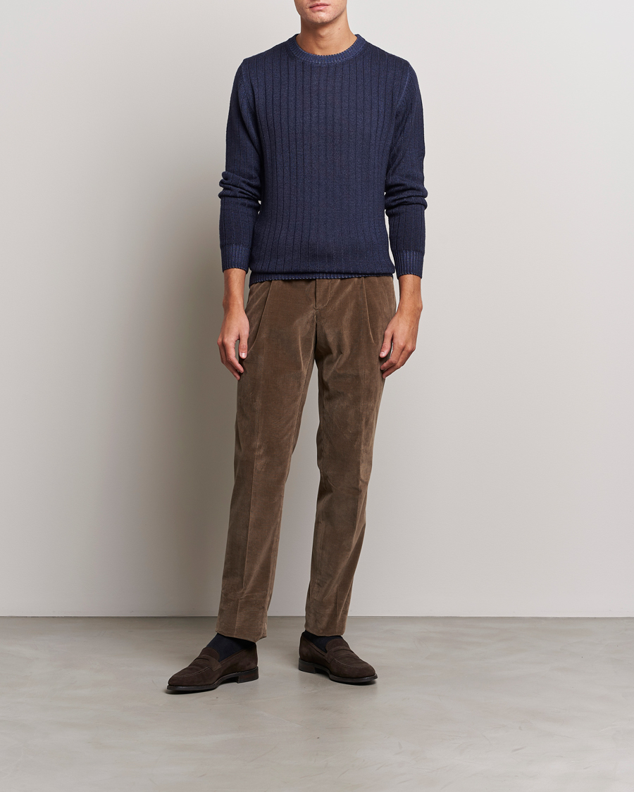 Herre | Gensere | Stenströms | Garment Dyed Ribbed Merino Wool Crewneck Blue