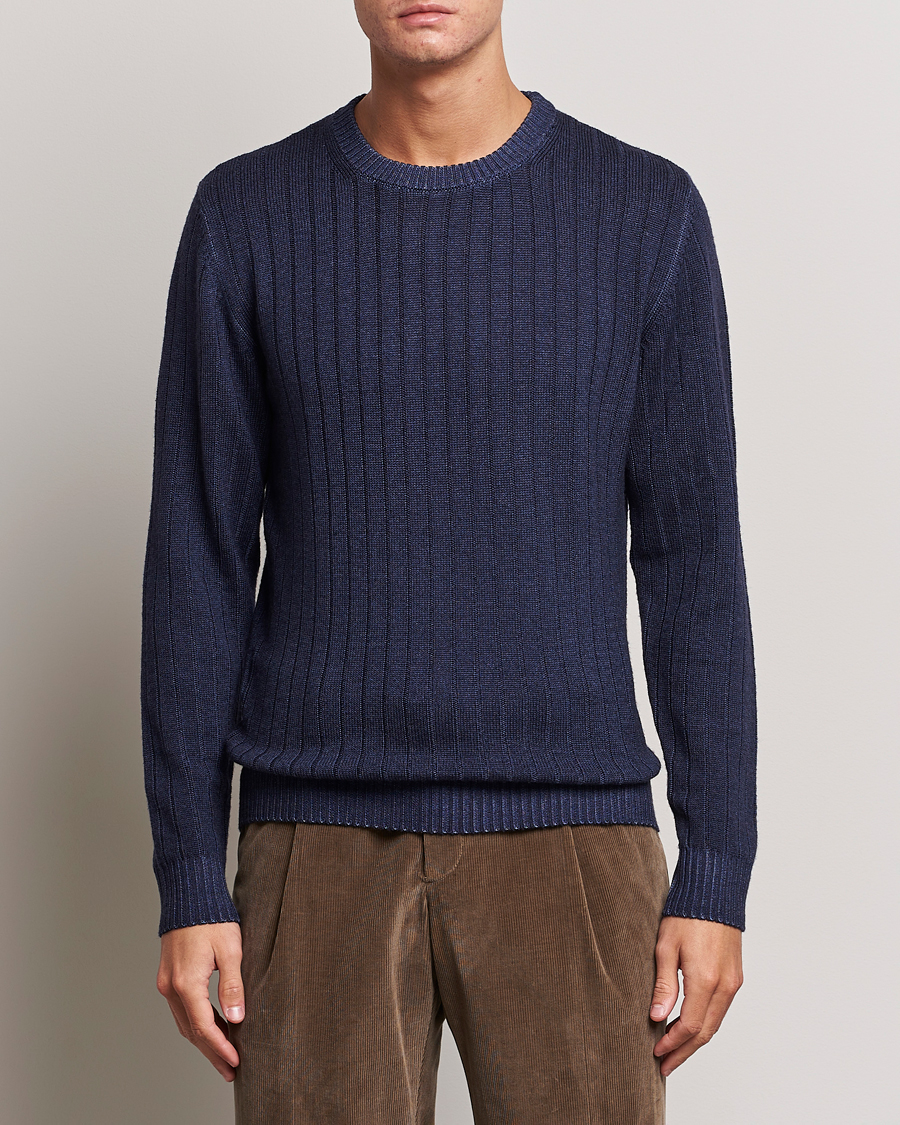 Herre | Gensere | Stenströms | Garment Dyed Ribbed Merino Wool Crewneck Blue