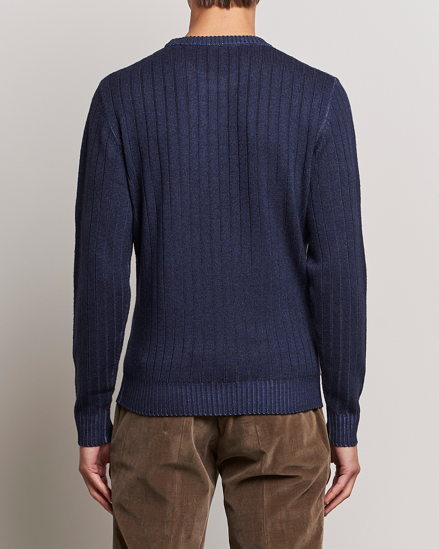 Herre | Gensere | Stenströms | Garment Dyed Ribbed Merino Wool Crewneck Blue