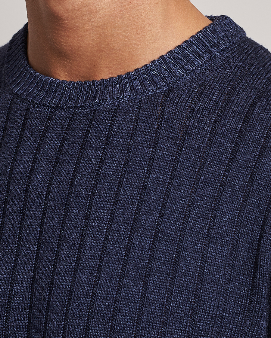 Herre | Gensere | Stenströms | Garment Dyed Ribbed Merino Wool Crewneck Blue