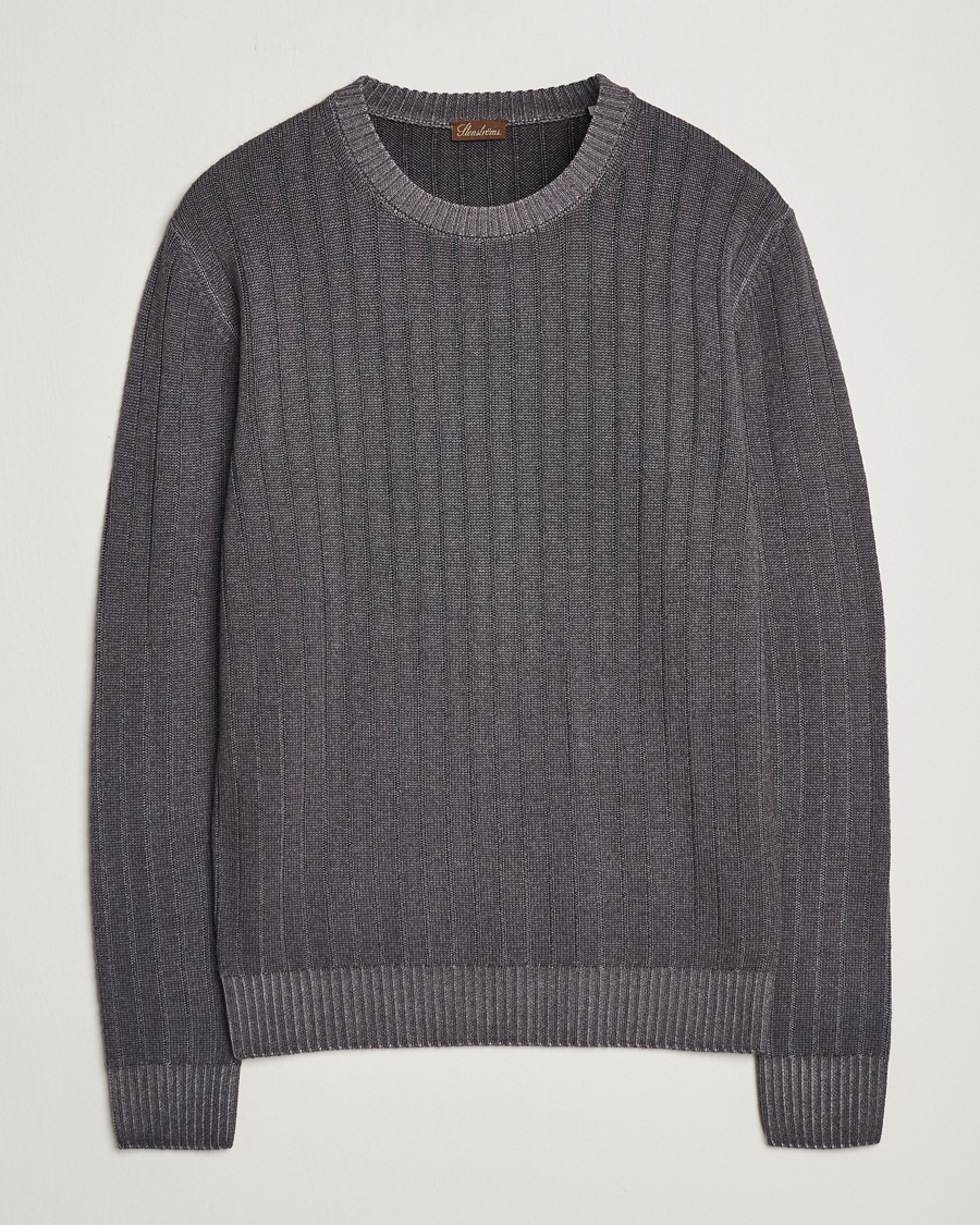 Herre | Gensere | Stenströms | Garment Dyed Ribbed Merino Wool Crewneck Grey