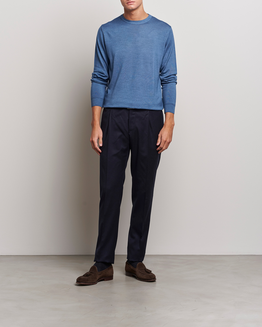 Herre | Gensere | Stenströms | Garment Dyed Merino Wool Crewneck Blue