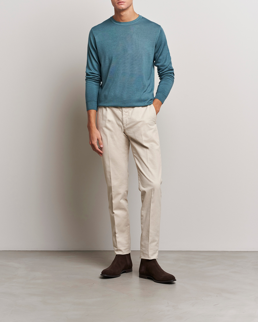 Herre | Gensere | Stenströms | Garment Dyed Merino Wool Crewneck Petrol