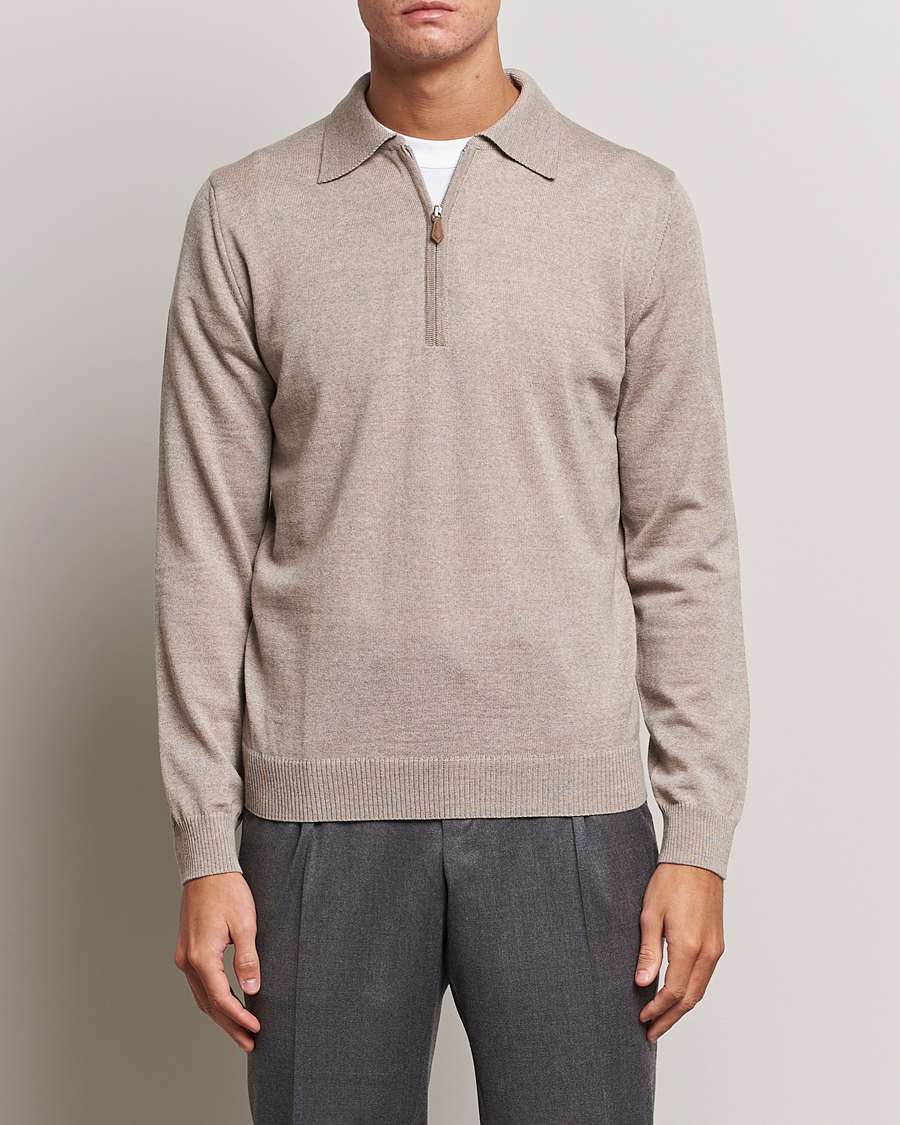 Herre | Strikkede pikéer | Stenströms | Merino Wool Zip Polo Beige