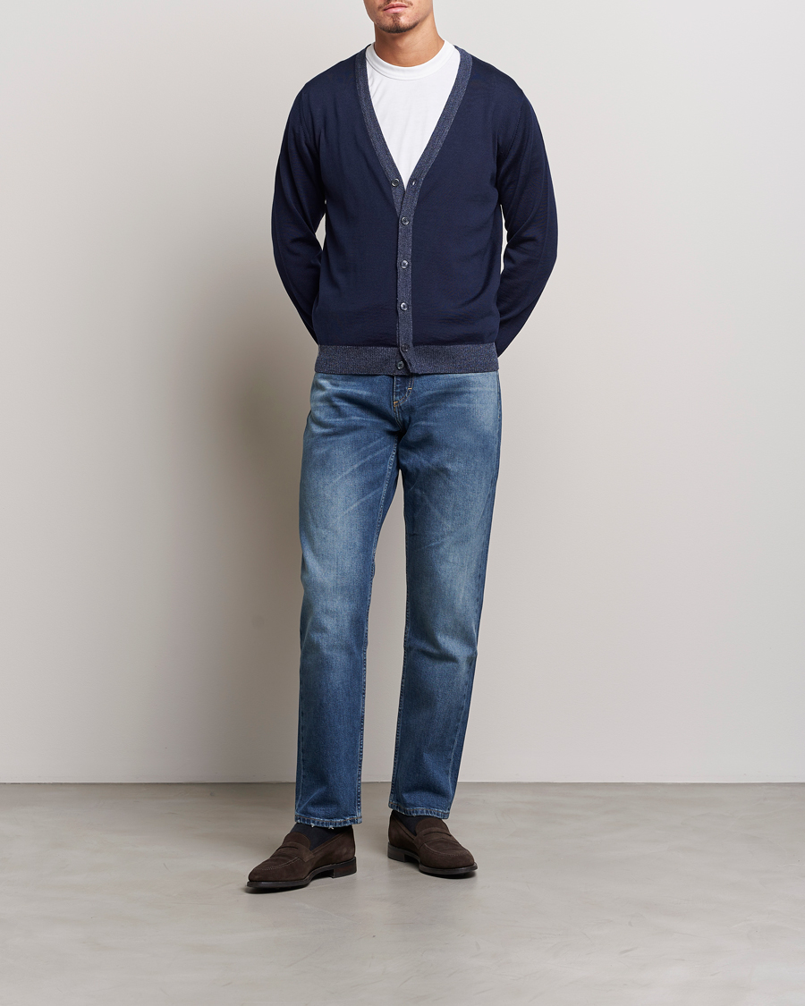 Herre | Gensere | Stenströms | Merino Wool Contrast Cardigan Navy