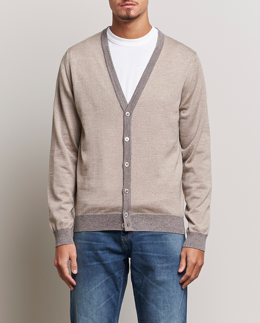 Herre | Cardigans | Stenströms | Merino Wool Contrast Cardigan Beige