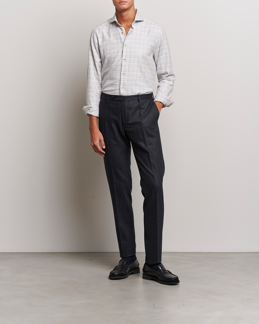 Herre | Skjorter | Stenströms | Slimline Checked Cut Away Flannel Shirt Light Grey