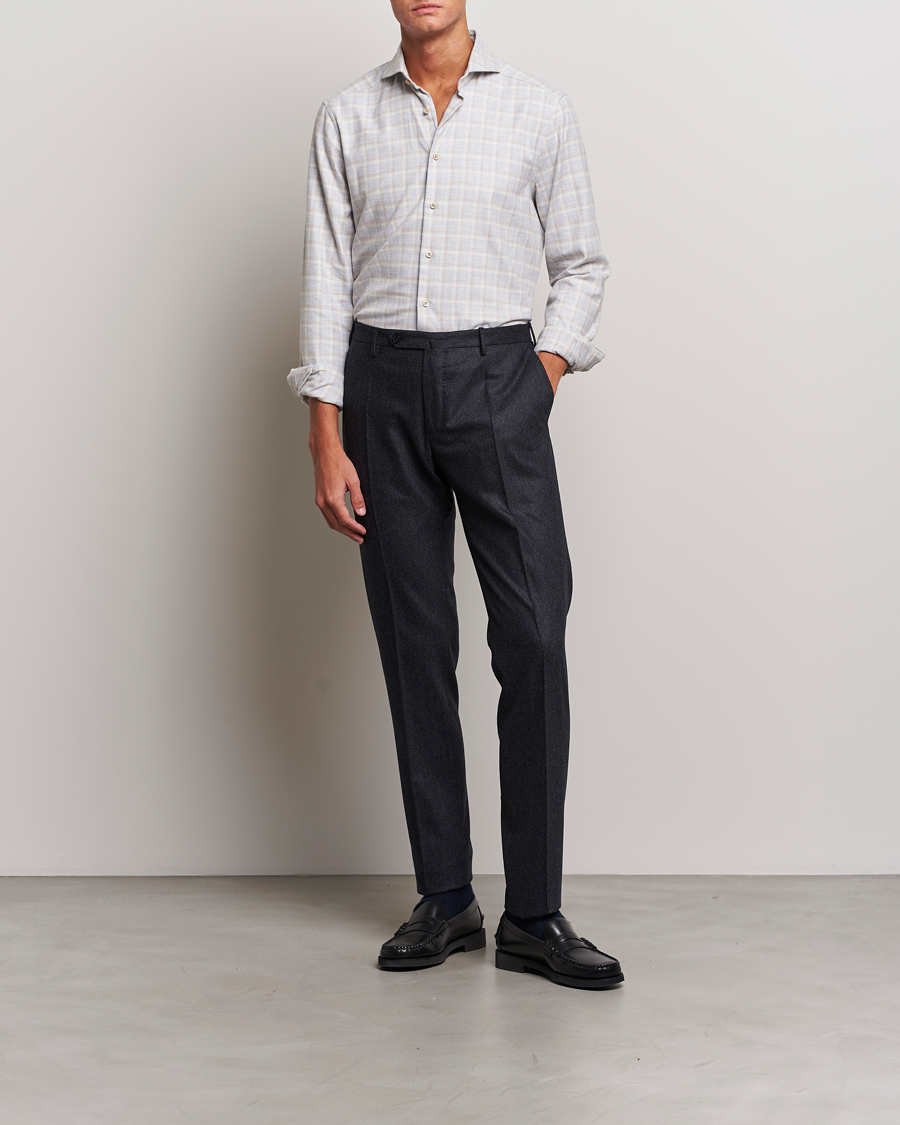 Herre | Skjorter | Stenströms | Slimline Checked Cut Away Flannel Shirt Light Grey
