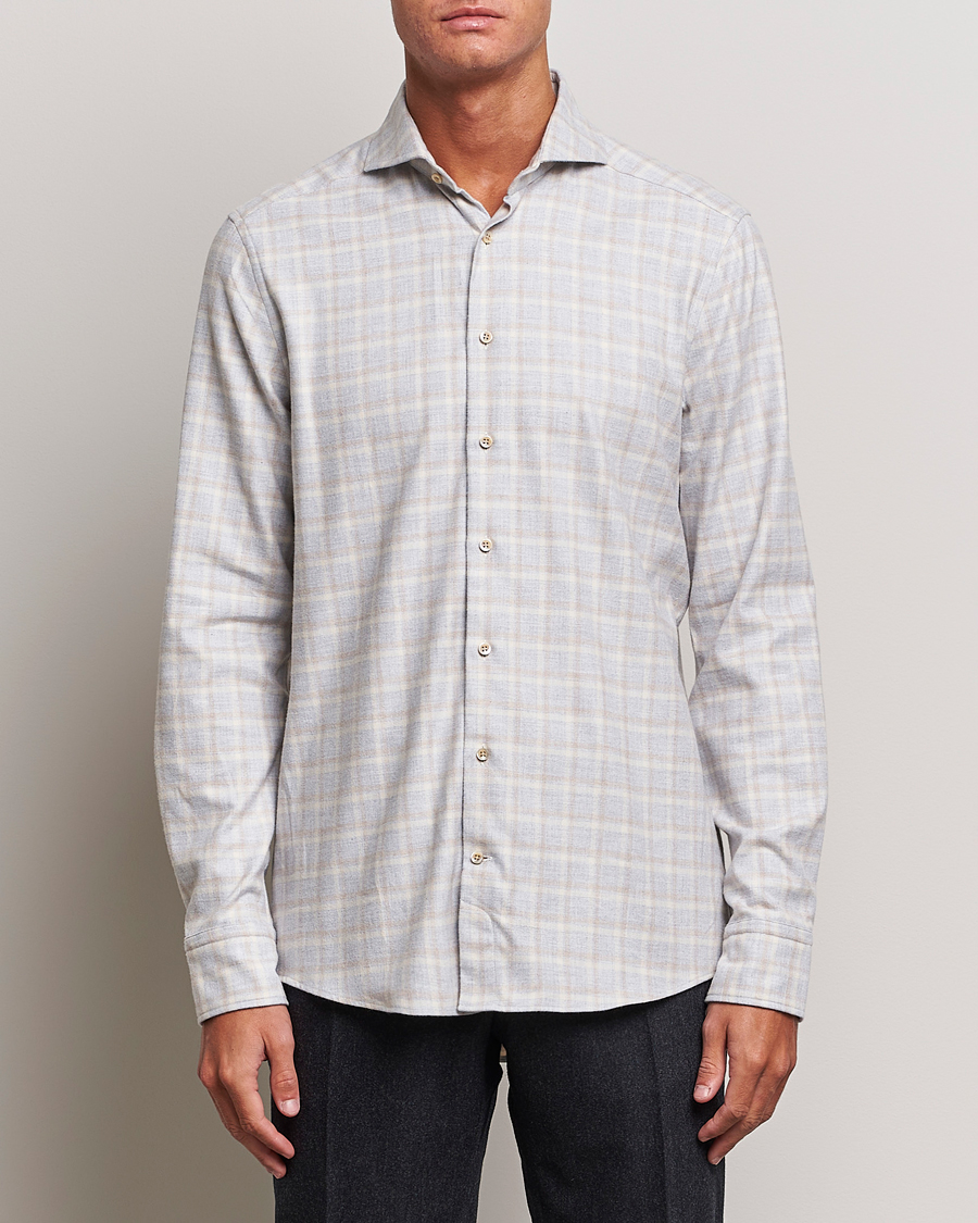 Herre | Skjorter | Stenströms | Slimline Checked Cut Away Flannel Shirt Light Grey