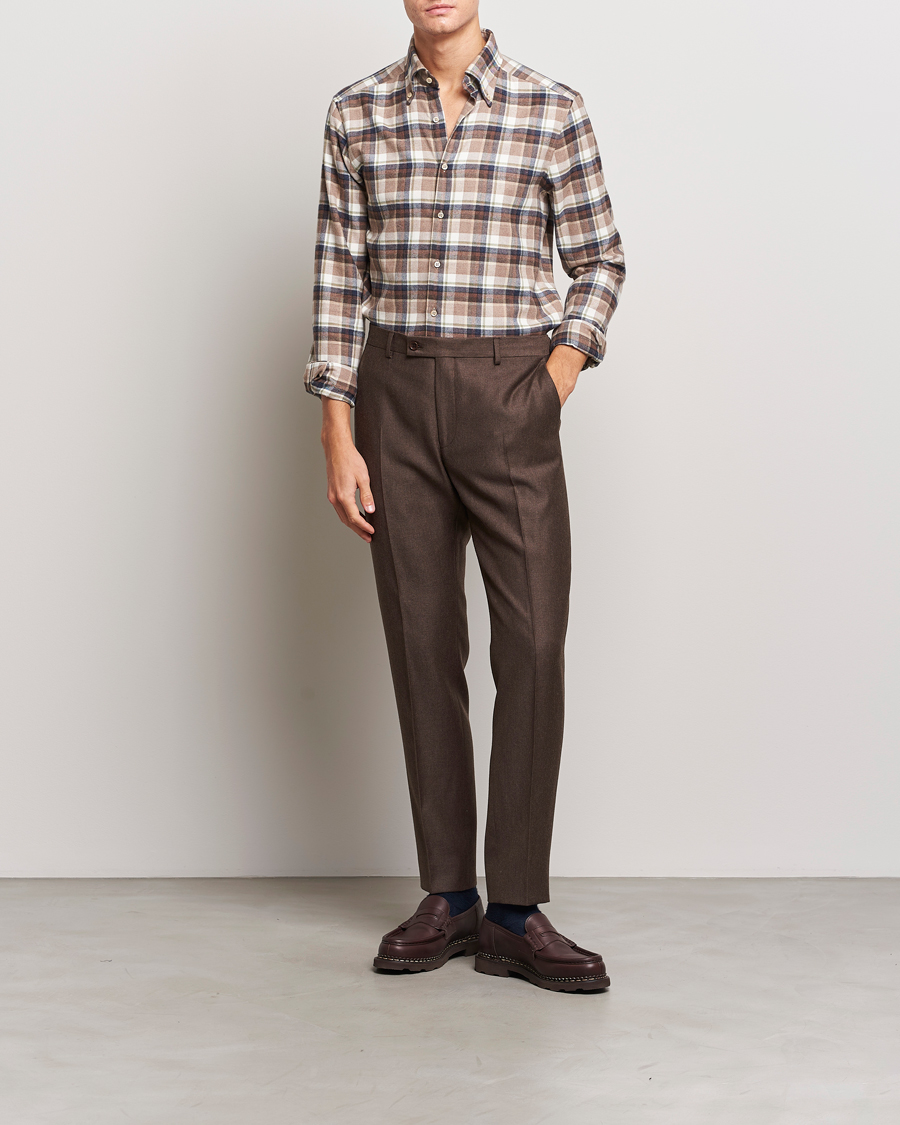 Herre | Skjorter | Stenströms | Slimline Checked Button Down Flannel Shirt Beige