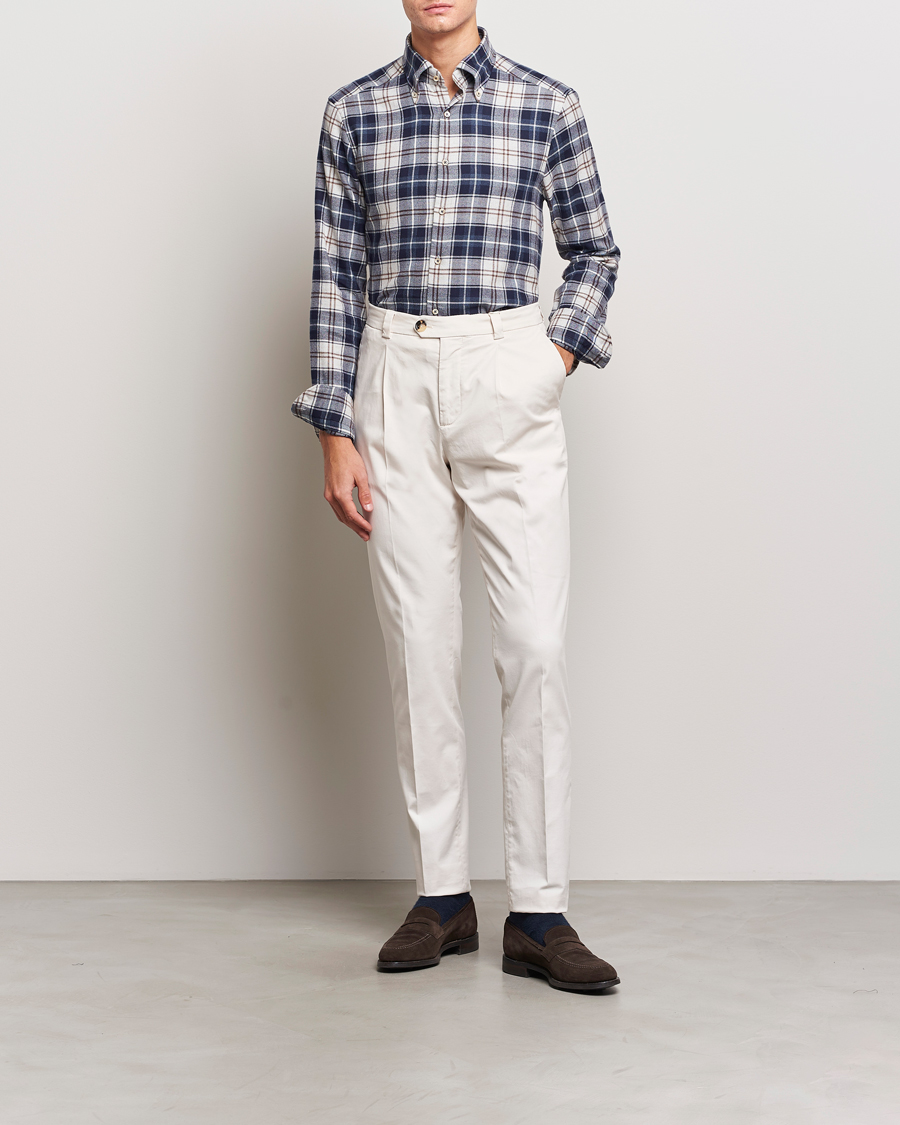 Herre | Skjorter | Stenströms | Slimline Checked Button Down Flannel Shirt Blue