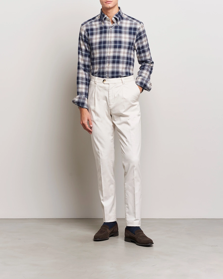 Herre | Skjorter | Stenströms | Slimline Checked Button Down Flannel Shirt Blue