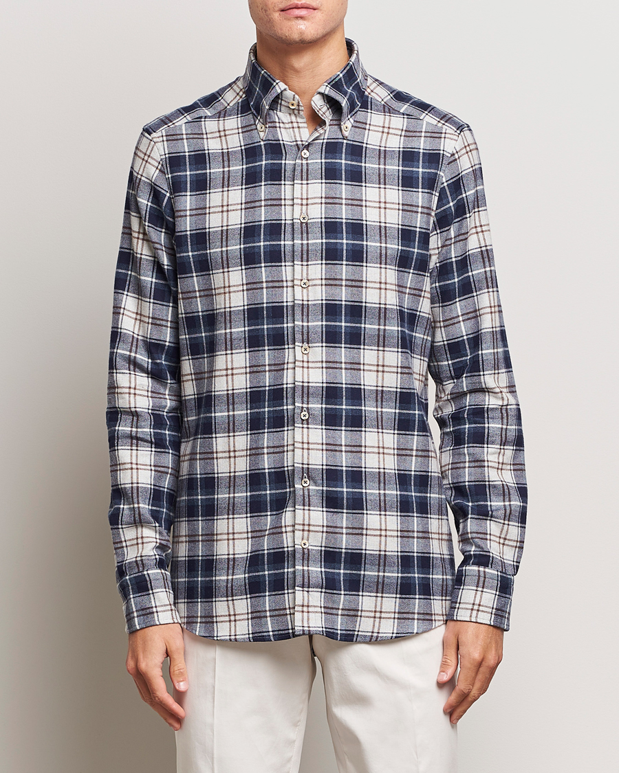Herre | Skjorter | Stenströms | Slimline Checked Button Down Flannel Shirt Blue
