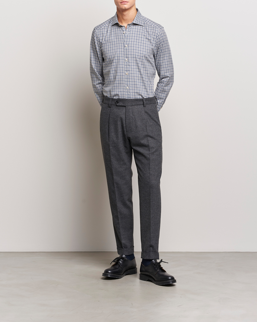 Herre | Skjorter | Stenströms | Slimline Small Checked Flannel Shirt Blue/Grey