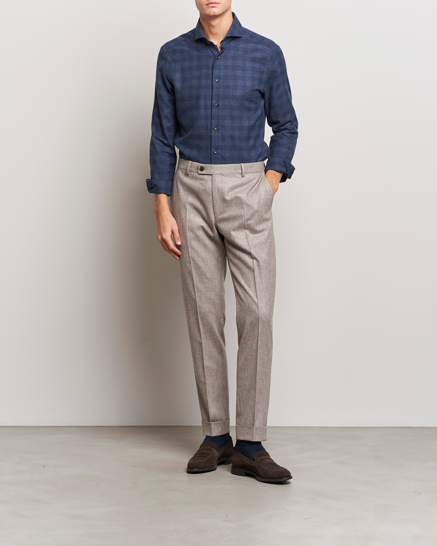Herre | Skjorter | Stenströms | Slimline Checked Cut Away Flannel Shirt Navy