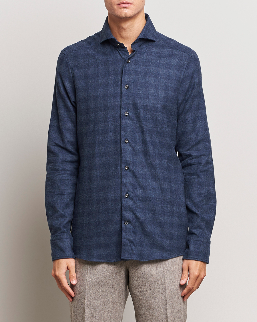 Herre | Skjorter | Stenströms | Slimline Checked Cut Away Flannel Shirt Navy