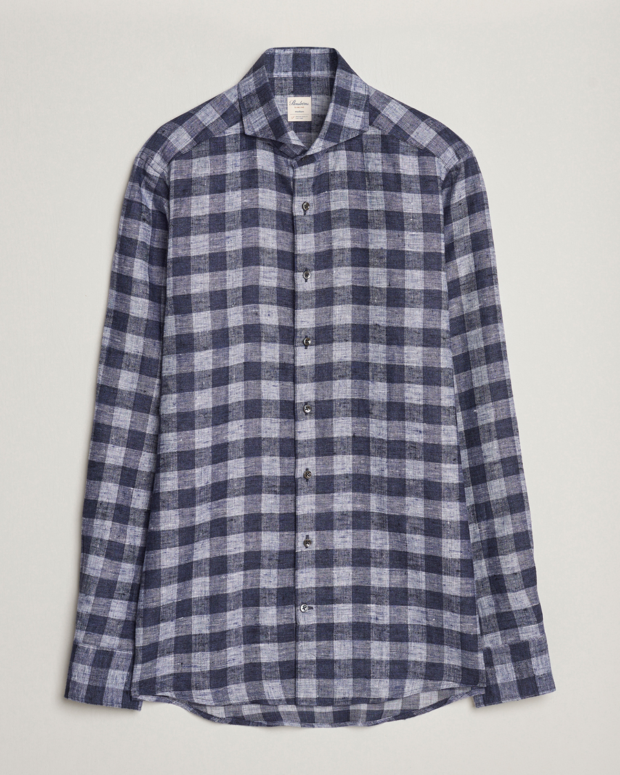 Herre | Skjorter | Stenströms | Slimline Checked Linen Flannel Shirt Blue