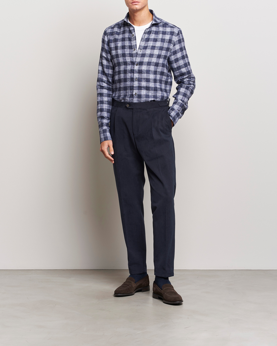 Herre | Skjorter | Stenströms | Slimline Checked Linen Flannel Shirt Blue
