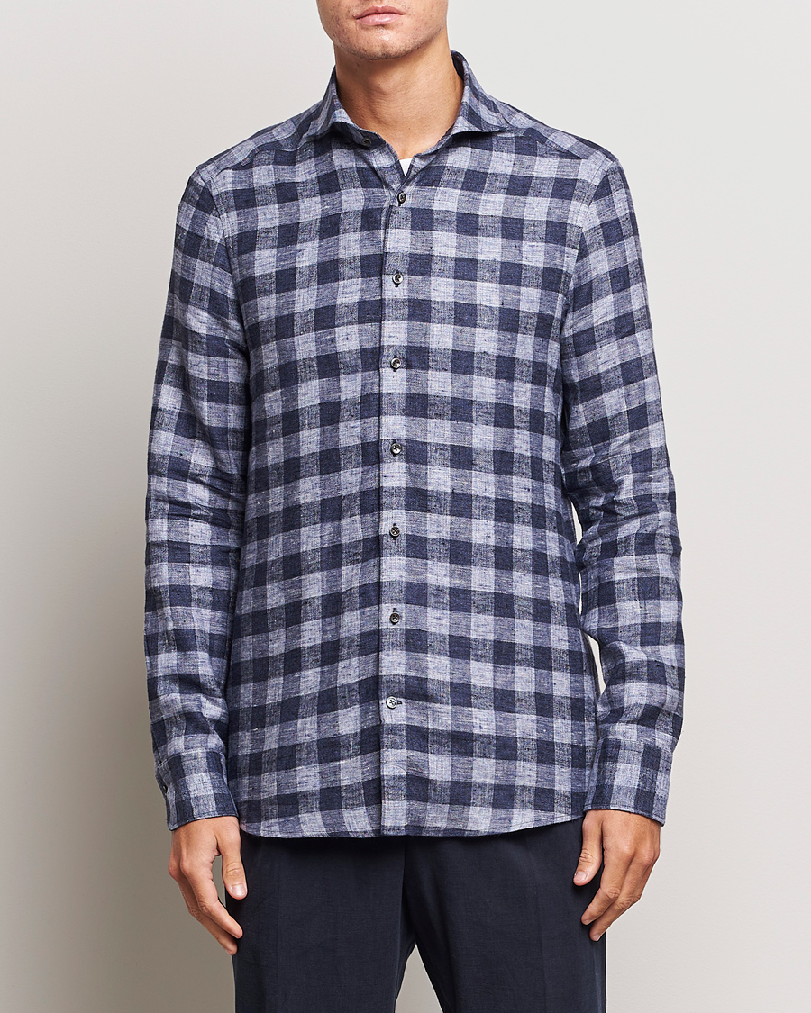 Herre | Skjorter | Stenströms | Slimline Checked Linen Flannel Shirt Blue