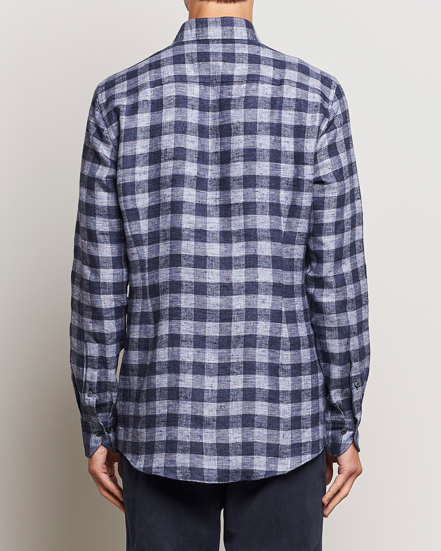 Herre | Skjorter | Stenströms | Slimline Checked Linen Flannel Shirt Blue