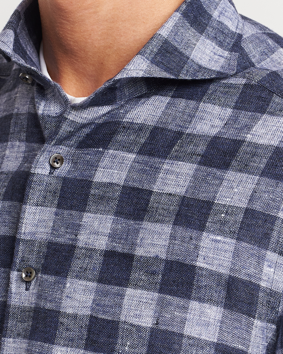 Herre | Skjorter | Stenströms | Slimline Checked Linen Flannel Shirt Blue