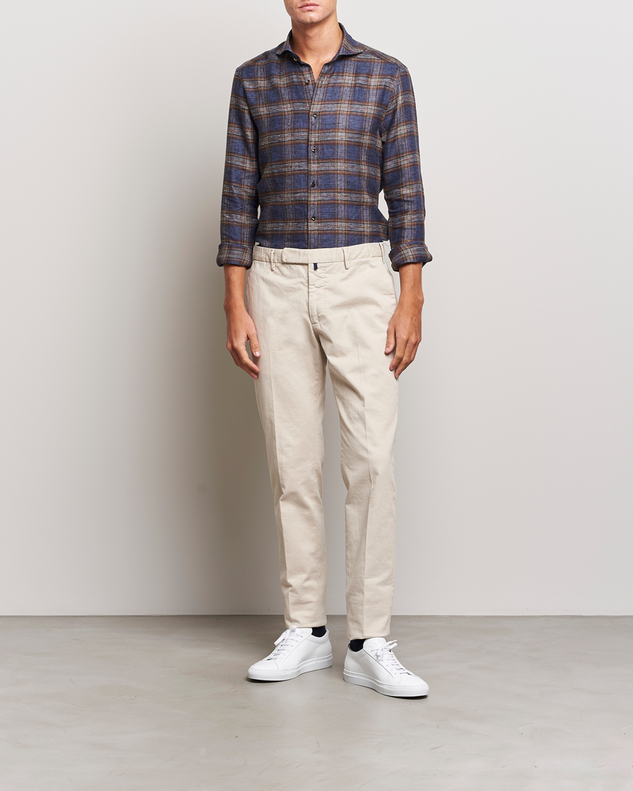 Herre | Skjorter | Stenströms | Slimline Checked Linen Flannel Shirt Brown