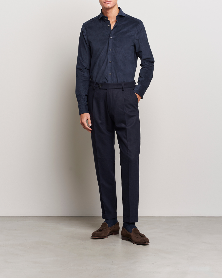 Herre | Skjorter | Stenströms | Slimline Cut Away Corduroy Shirt Navy