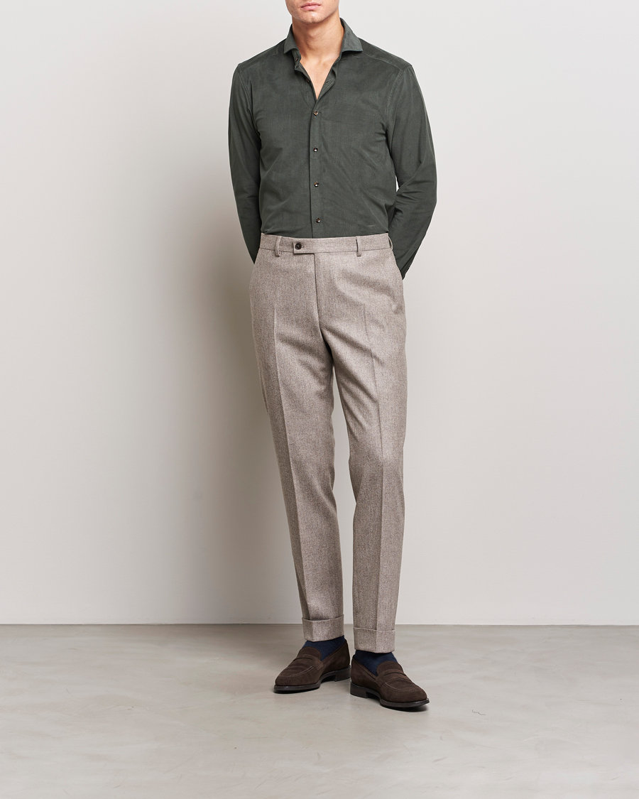 Herre | Skjorter | Stenströms | Slimline Cut Away Corduroy Shirt Dark Green