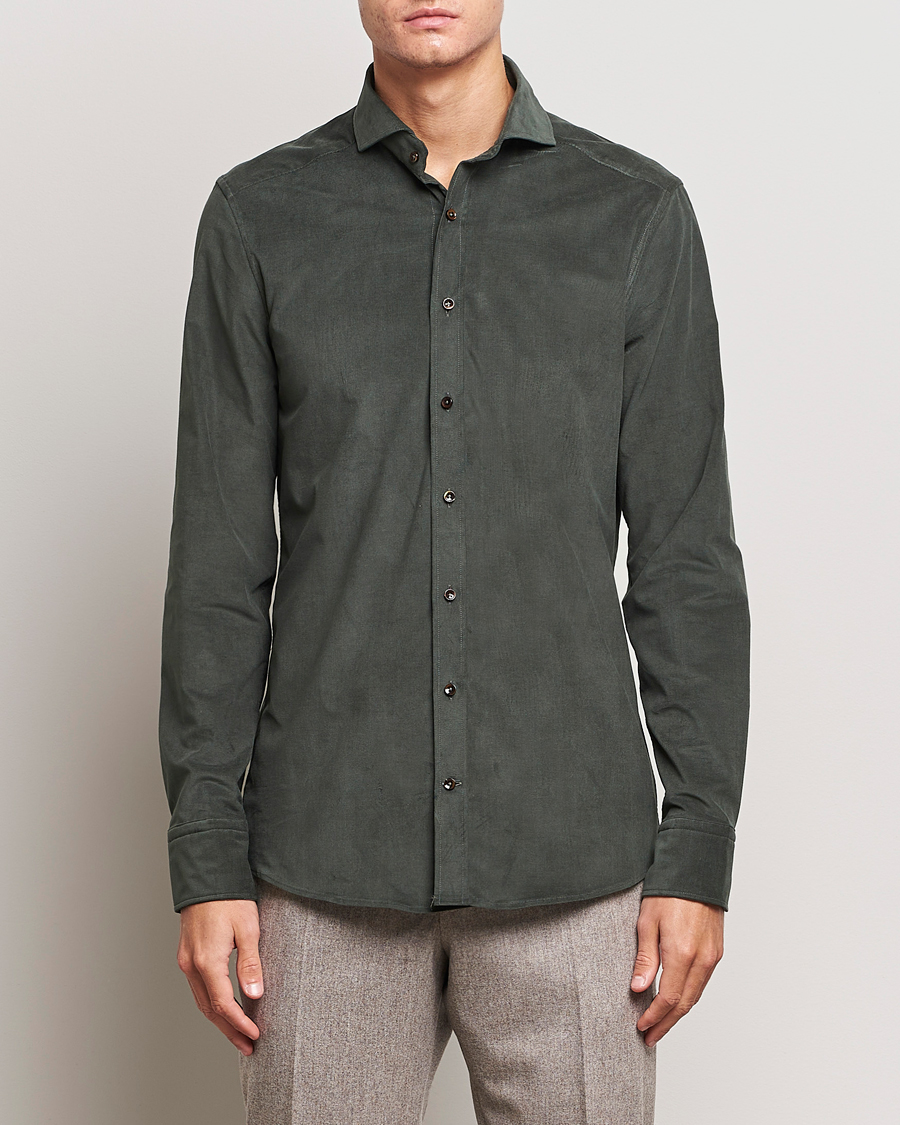 Herre |  | Stenströms | Slimline Cut Away Corduroy Shirt Dark Green